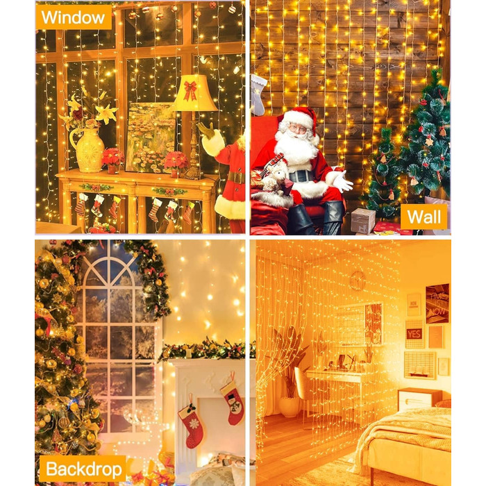 Лямпаденний завіс 6м x 3м, 600 LED, з вилкою, таймером, 8 режимів, вологостійкий, тепле світло. Ідеально для декору вікна, павільйону, саду, на Різдво.