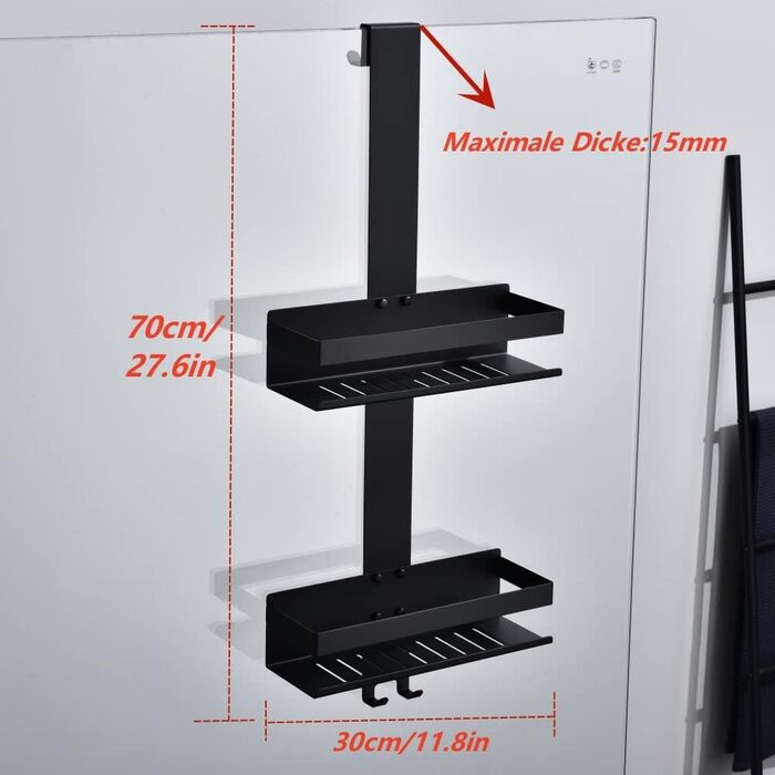 HomeHeng Hanging Shower Shelf, 2-Tier Hanging Shower Caddy Matte Black, SUS304 Stainless Steel Double Shower Basket with Hooks for Glass Shower Enclosure, H30MB-2DH