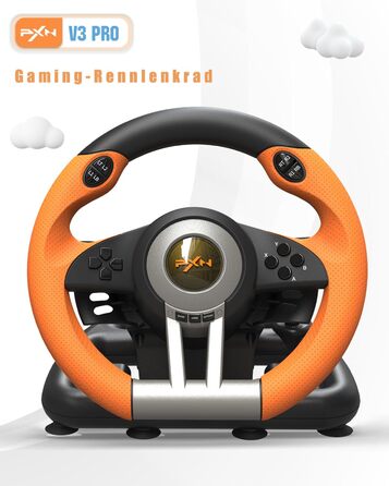 PXN V3 Pro - Геймерське кермо з педалями, 180°, вібрація, перемикач передач, paddle shift, для PC, PS4, PS3, Xbox, N Switch (Orange)