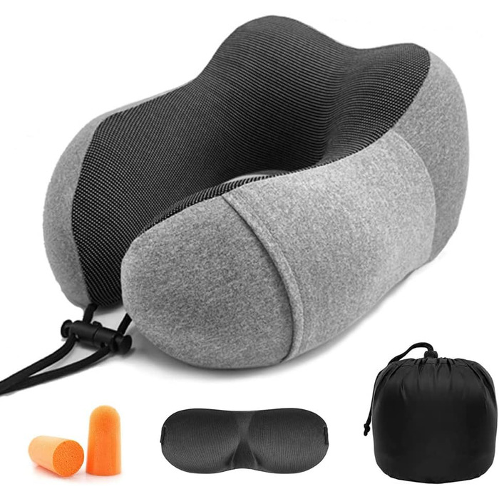 Подушка для шиї Gvolatee з маскою для сну та берушами - знімний чохол, Memory Foam, блискавка, з сумкою для зберігання - подушка для подорожей, колір: сірий