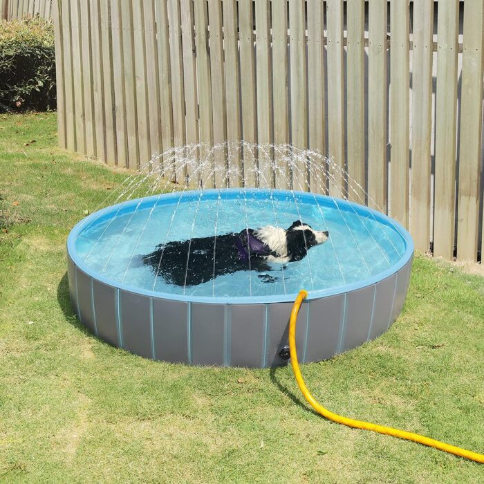 EUGAD Splash Pool for Medium-Sized Dogs, Foldable Dog Pool, Non-Slip Dog Bathtub, Water Pool with Sprinklers, Light Blue and Light Gray, 120x30cm 0018GYYC