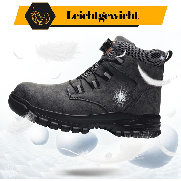 Черевики безпеки чоловічі/жіночі водонепроникні робочі черевики високі. Безпечні черевики з неслизькою підошвою, легкі черевики зі сталевим підноском та застібкою-обертом (43 EU, сірий)