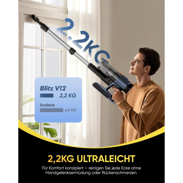 Бездротовий пилосос Vexilar V12 Akku: 50 хв роботи, 50 kPa, 450W, антинамотування, легкий, безщітковий мотор, для твердих поверхонь, килимів, шерсті тварин (срібний)