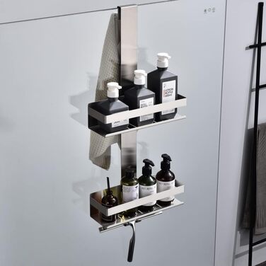 HomeHeng Hanging Shower Caddy, 2-Tier Hanging Shower Shelf Brushed Nickel, SUS304 Stainless Steel Double Shower Basket with Hooks for Glass Shower Enclosure, H30BN-2DH