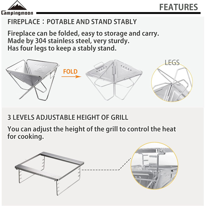 CAMPINGMOON Portable Stainless Steel Wood Grill and Fire Pit 20 inches with Carry Bag MT-055