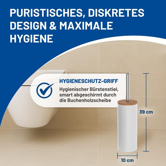 Набір для туалету Rival Life Style з круглою щіткою, ручка з нержавіючої сталі та кришка з масивної букової деревини – ергономічна щітка для туалету – для швидкого та ретельного прибирання. Кругла щітка з м'якими щетинками (білий)