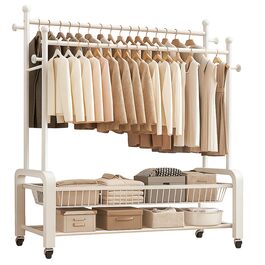 Стійка для одягу на колесах, двоярусна, з двома перекладинами (біла)