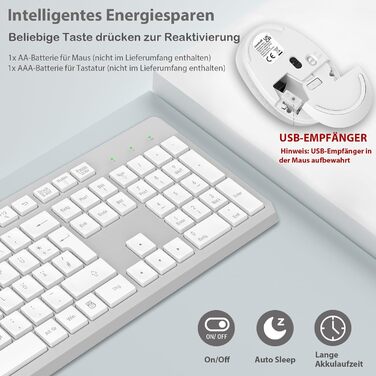 Бездротовий комплект клавіатури та миші Leadsail K786 з цифровою клавіатурою QWERTZ (німецька) - тиха клавіатура, 2.4 GHz, USB Nano приймач для ПК/ноутбука (сірий)