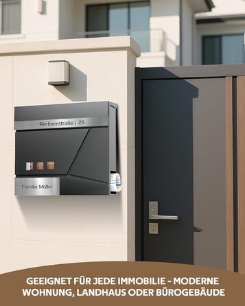 Поштовий ящик Anthrazit з нержавіючої сталі з відділенням для газет (37x37x10 см), персоналізований з табличкою для імені, стійкий до погодних умов, наклейки проти небажаної реклами, настінний поштовий ящик