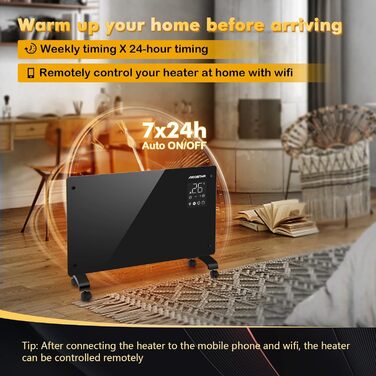 Електричний конвектор Aigostar з термостатом та Wi-Fi, 2000W, для приміщень до 30 м², чорний