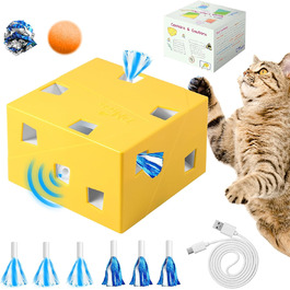 Migipaws Cat Toy, Interactive Electric 12-Hole Mouse Whack-A-Mole, Upgraded Smart Toy, 3 Feathers and 3 Ribbons, Fun Cardboard Design, USB Rechargeable
