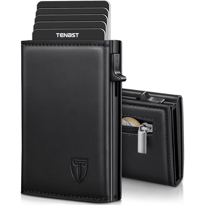 Чоловічий гаманець TENBST: тонкий, з відділенням для монет, RFID захистом, з натуральної шкіри, 8 відділень для карток, чорний