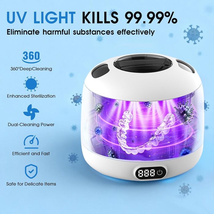 Ультразвуковий очищувач 45000 Гц з УФ-дезінфекцією 220 мл для зубних протезів, брекетів, ювелірних виробів - білий