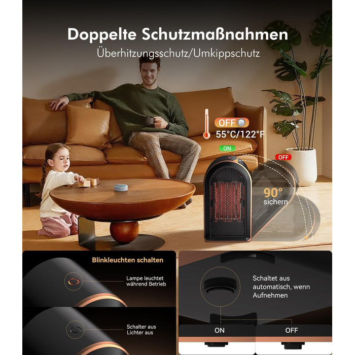 Керамічний обігрівач Mini Heizlüfter Neu Upgraded - компактний електрообігрівач для дому, офісу, кемпінгу (чорний)