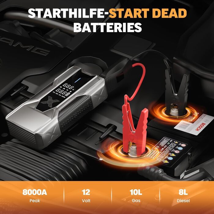 Powerbank для автомобіля 8000A Starthilfe, пусковий пристрій з компресором 150PSI, 26800mAh для бензинових та дизельних двигунів (до 12.0L), зарядний пристрій для акумулятора
