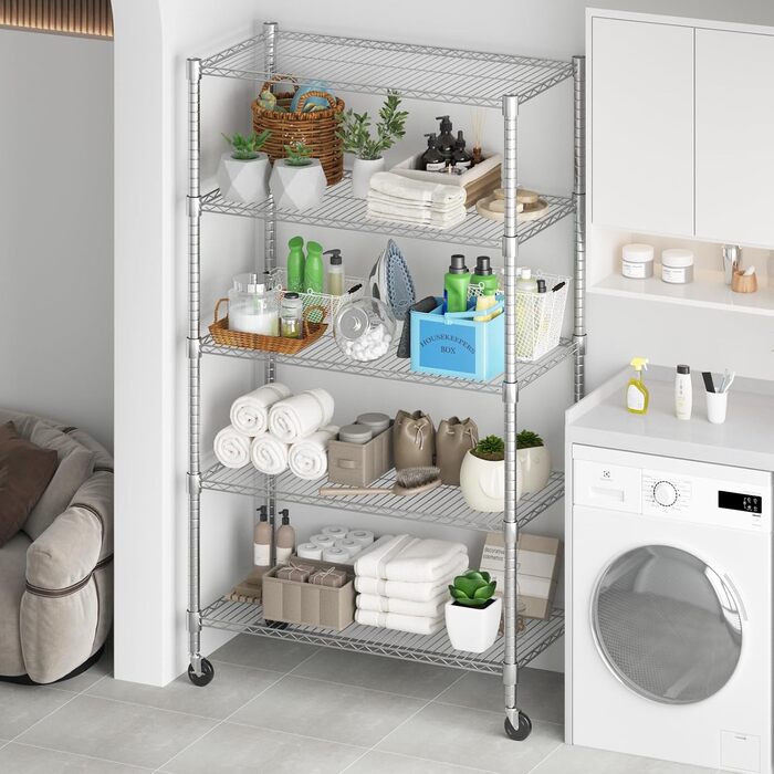Himimi 5-Tier Rolling Wire Shelving Unit with Adjustable Height and Leveling Feet