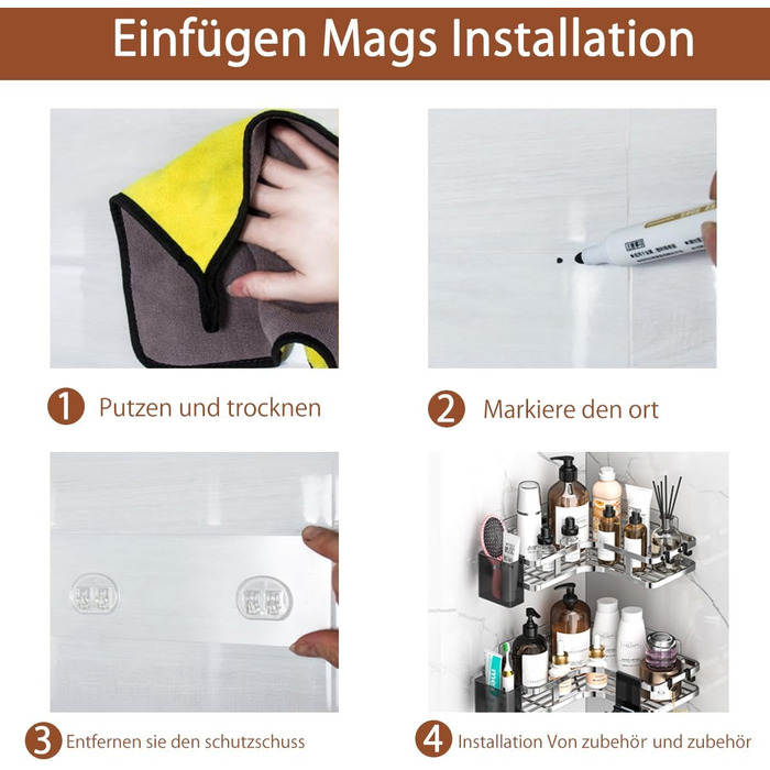 Поличка для душу без свердління, кутова, 2 шт. Органайзер для ванної кімнати з 4 гачками, чорний (A-silver)