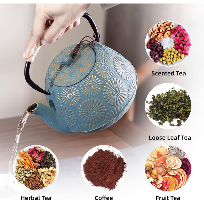 MILVBUSISS Cast Iron Teapot, 1200 ml, Large Capacity, Stovetop Kettle with Infuser, Japanese Teapot for Loose Leaf Tea, Coated with Enamelled Interior, Silicone Handle