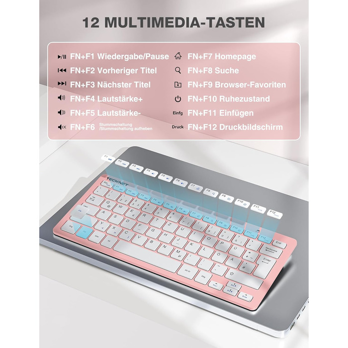 TECKNET Бездротова Клавіатура та Миша, QWERTZ, 2.4 GHz, 15м, Безшумна, для ПК, Ноутбука, Smart TV, Біла (Рожева)