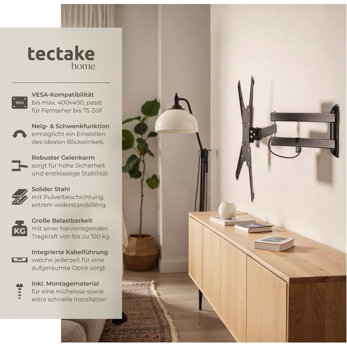 Настінний кронштейн для телевізора tectake® 400793, поворотний та нахильний, для діагоналей 66-191 см (26