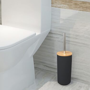 Набір для ванної кімнати MisFox з бамбука (6 предметів): диспенсер для лосьйону, сміттєвий бак, тримач для зубних щіток, стаканчик для зубної пасти, щітка для унітазу, мильниця. Чорний колір.