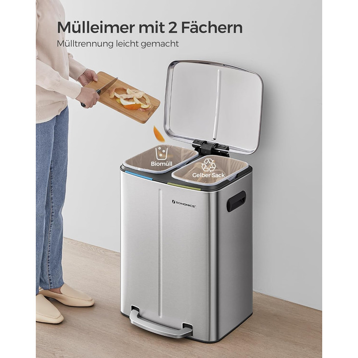 SONGMICS Відро для сміття 40 л з 2 відсіками (2 x 20 л), металевий третемер з пластиковим внутрішнім відром, Softclose, герметичний, білий LTB40WT (срібний)