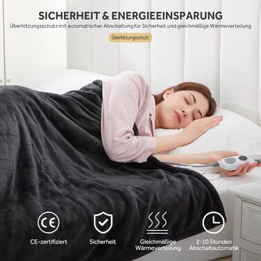 Електрична ковдра Warmrest, фланель, 130x180 см, 6 температурних режимів, таймер 1-10 год, автовимкнення та захист від перегріву, можна прати, сірий колір