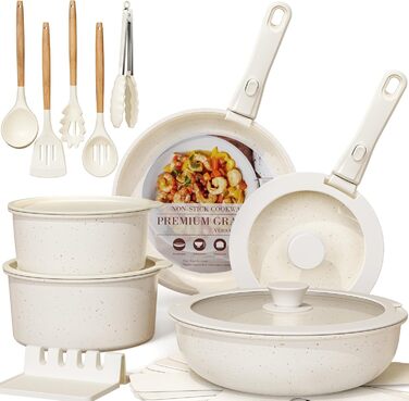 Набір посуду Astercook 21 предмет: каструлі та сковорідки з антипригарним покриттям, керамічний набір посуду, знімні ручки, для дому та кемпінгу, сумісний з індукцією, можна мити в духовці, стійкий, складаний
