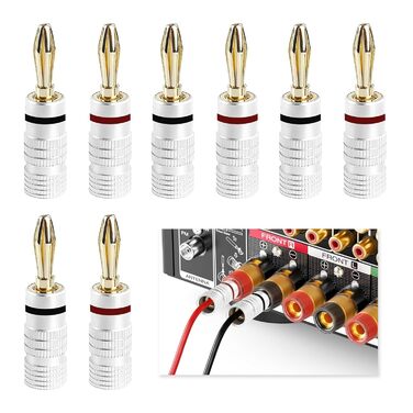 8 шт. бананові конектори 24K позолота для акустичних кабелів, Hi-Fi аудіо, домашній кінотеатр, 4 червоні, 4 чорні, сумісні з кабелями 0.75 мм - 4 мм