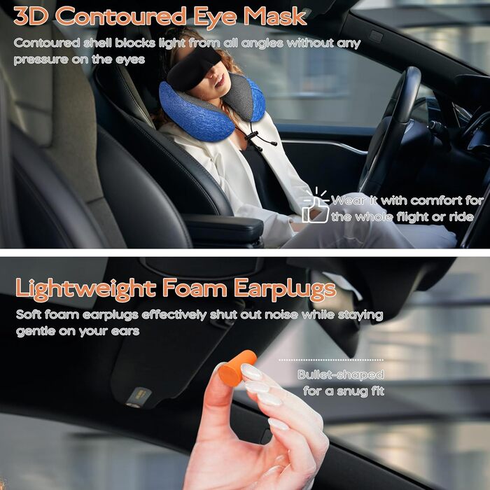 Подушка для шиї у літак - туристична подушка з Memory Foam - портативна подушка для подорожей - з 3D-маскою для сну та берушами - ідеальна для літака, авто, дому, офісу, подушка для сну (Блакитна)