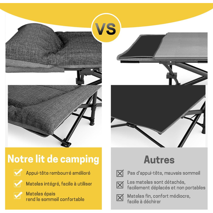 Складне кемпінгове ліжко ATORPOK, міцне для дорослих, до 250 кг, для відпочинку на природі, кемпінгу, подорожей, дому (сірий)