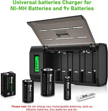 Інтелектуальний зарядний пристрій BONAI для акумуляторів AA/AAA/SC/C/D NI-MH з LCD дисплеєм та функцією розряду, універсальний, швидка зарядка