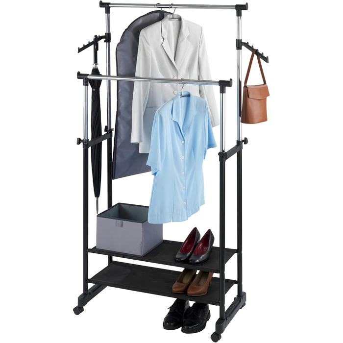 WENKO Clothes Rack Folding, Clothes Storage with Adjustable Clothes Rail and Wheels, Plastic/Metal, 88 x 100-168 x 11-49 cm, Chrome/Grey (169 x 43 x 89.5 cm)