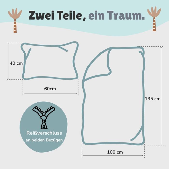 Дитяча постільна білизна комплект (2-частини) з 100% бавовни Oeko-Tex - ковдра 100x135 см та подушка 40x60 см з блискавкою. Дитяча постіль, дихаюча, регулює температуру, Сафарі з тваринами