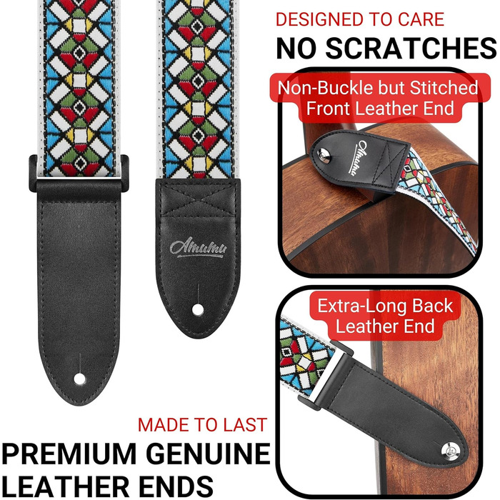 Гітарний ремінь Amumu з бавовни з вишивкою троянд та шкіряними кінцями для бас-, електро- та акустичної гітари, з фіксатором для голівки та блоками для ременя (Білий)