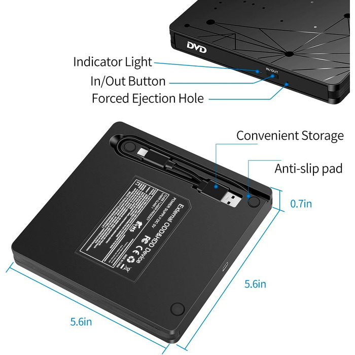 Зовнішній CD/DVD привід LMEN з USB 3.0 для ноутбука та ПК, портативний DVD-записувач CD-ROM, низький рівень шуму, сумісність з Windows, Linux, MacBook