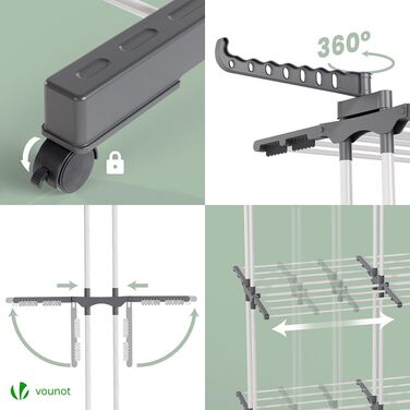 VOUNOT® Сушарка для білизни Турбо, висувна, компактна, для дому та вулиці, з розкладними крилами, телескопічною штангою та 6 роликами, 40м довжини сушіння, 3 яруси, біла