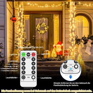 Льод-гірлянда LED 200 LED на батарейках: тепле світло, водонепроникна, з пультом, для декору саду, вечірки, балкона, ялинки