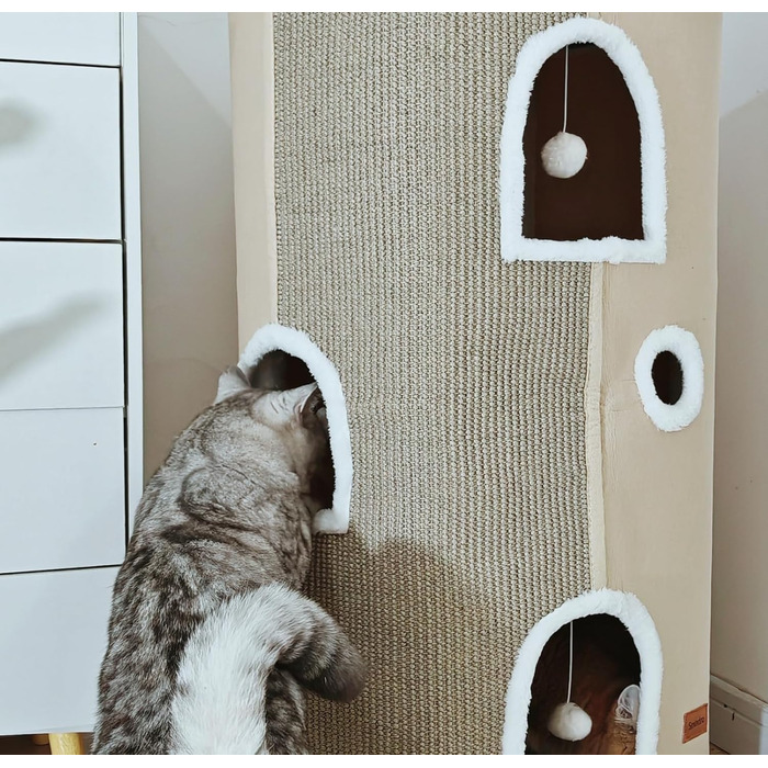 Кігтеточка-будиночок для котів велика, сіра, 42x42x33 см з подушкою та іграшкою