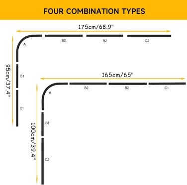 Штанга для душу L-подібної форми, регульована, 75-170 см, нержавіюча сталь, кут, чорний колір, з кільцями для душу, для ванної кімнати, ванни, роздягальні
