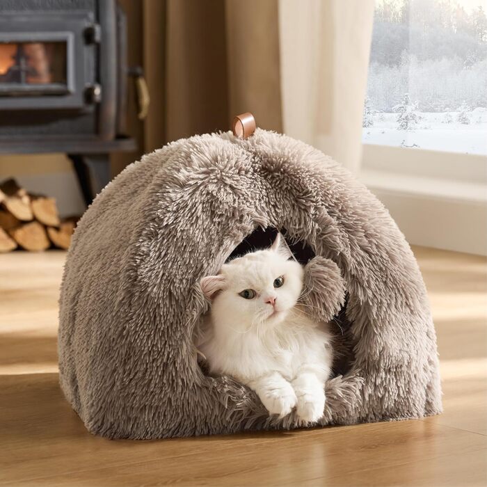 Кігтечка для котів BEDSURE велика, 44x44x44 см, з плюшевим будиночком, знімним килимком та іграшкою, для дому, (40x40x40 см, верблюжий)