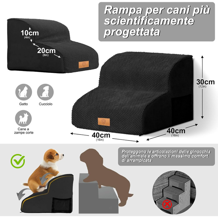 Masthome Dog Stairs for Small Dogs, 4 Steps Pet Stairs with Washable Cover, 52cm High Cat Stairs for High Beds, Dog Ramp Ladder, Detachable, Black (Dog Stairs 2 Steps - Black)