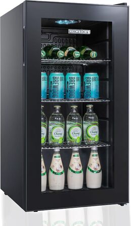 Міні-холодильник Heinrich з скляною дверцятами: компактний, тихий (40dB), LED-підсвічування, для офісу, кемпінгу, саду, об'єм 88 літрів, 3 полиці