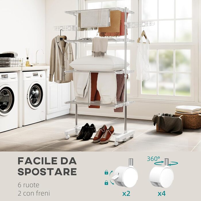 Сушарка для білизни HOMCOM Tower, 4 рівні, з колесами, біла - 142x55x172 см