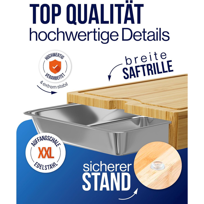 HaushaltsFuchs® Premium 100% FSC® Bamboo Cutting Board with Large Catch Basin, Phone Holder & Juice Groove – XXL Wooden Cutting Board with Stainless Steel Catch Basin - Cutting Board with Tray/Bowl (non-slip)