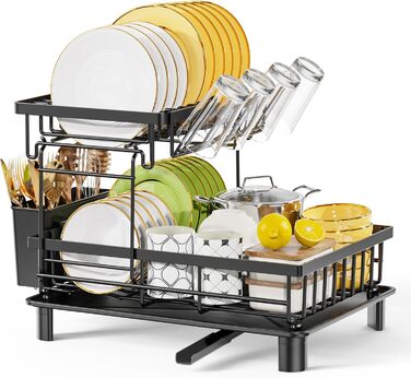 LIONONLY Dish Drying Rack, Large 2-Tier Dish Drying Rack with Drip Bowl, Stainless Steel Dish Drying Rack with Utensil Holder, Beverage Holder, and Swivel Spout, Dish Drying Stand Kitchen