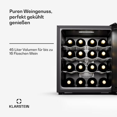 Віноклер Klarstein – винний холодильник Freistehender, 1 зона, 16 пляшок, з дверцятами зі скла, тихий, для вина та пива, 5-22°C