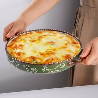 AVLA 2-Piece Ceramic Cake Pans, 9-inch, Round Baking Dish with Double Handles, 27.3 oz, Deep Quiche Dish for Kitchen, Cooking, Roasting Lasagna (Sakura, Green) Sakura, Vert