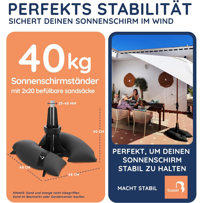 Base umbrella stand with fillable sandbags as weights (30 to 50 kg), for umbrella diameters up to 3.3 m, manufactured in Denmark from recycled material