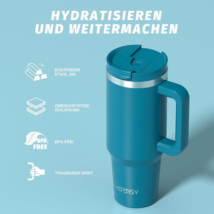 Термокружка WATERSY 1.2L з 2 трубочками, витокозахисний келих для кави To Go, вакуумна ізоляція, без BPA, ретро-зелений (1183 мл, Лагуна)